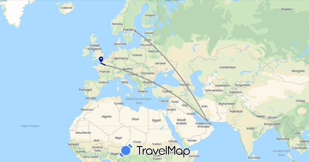 TravelMap itinerary: driving, plane in United Arab Emirates, France, Serbia, Sweden (Asia, Europe)